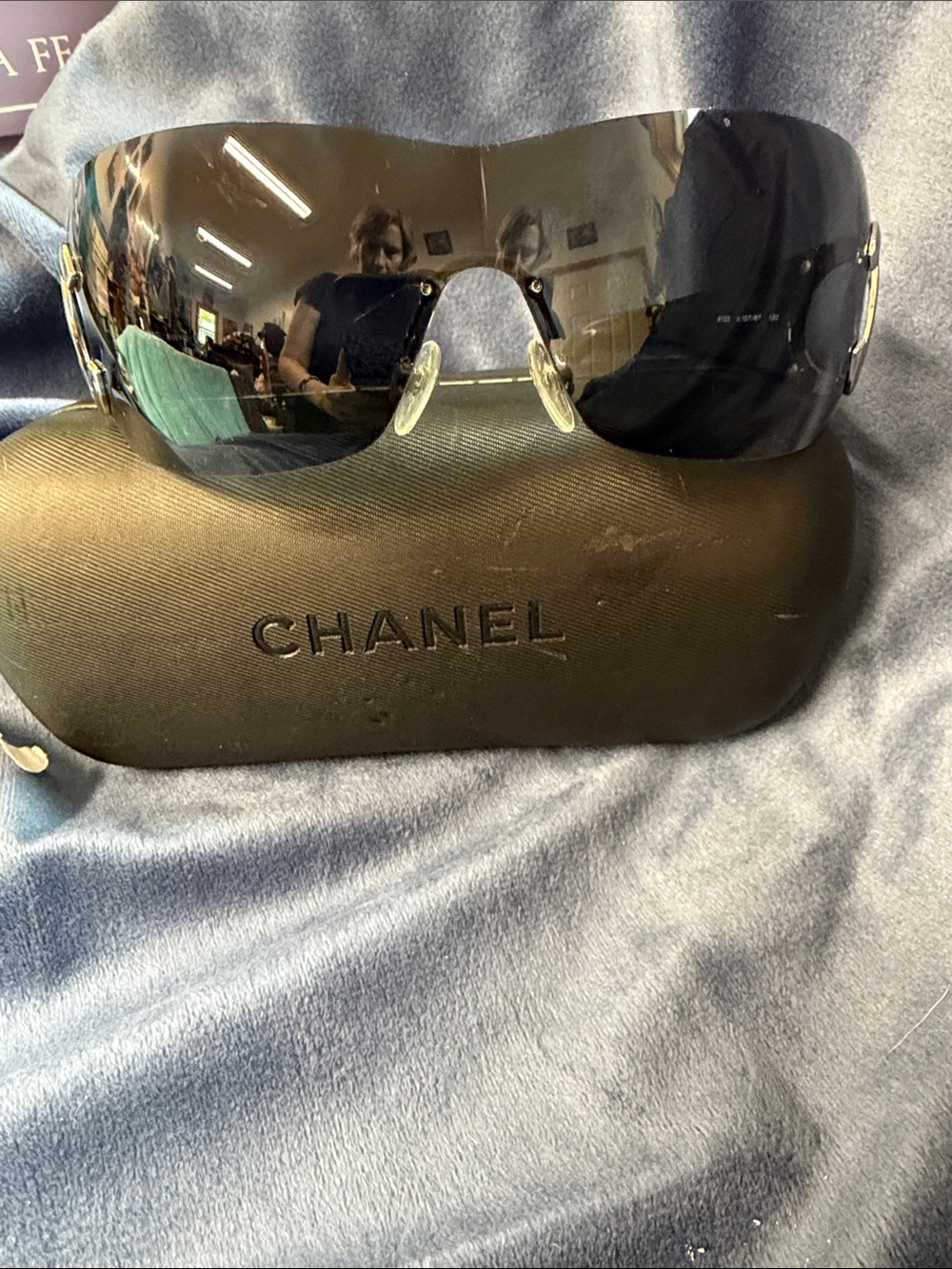 CHANEL Rimless Shield Sunglasses in Black with Gold Hardware